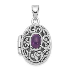 Product Specification Jewelry Specification: Material Purity : 925 Stone Type 1 : Amethyst Stone Color 1 : Purple Length : 26 Mm Material : Sterling Silver Stone Treatment 1 : Heating Item Weight U/M : Gm Width : 16 Mm Product Type : Jewelry Jewelry Type : Pendants & Charms Sold By Unit : Each Pendant/Charm Type : Locket Material Color : White Stone Creation Method 1 : Natural Attributes: Casted Polished Polished Back Sterling Silver Amethyst Rhodium-plated Opens Antiqued Antique Filigree, Medical Jewelry, School Jewelry, Jewelry Lockets, Photo Pendant, Locket Charms, Amethyst Purple, Fine Jewelry Gift, Selling Jewelry