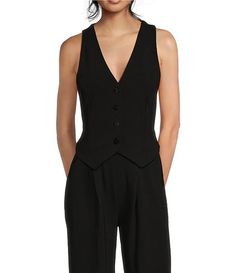 Moa Moa Coordinating Sleeveless V-Neck Button Front Vest | Dillard's Elegant V-neck Solid Color Vest, Fitted V-neck Vest With Button Closure, Elegant V-neck Vest In Solid Color, Elegant V-neck Vest With Buttons, Elegant Sleeveless Vest With Button Closure, Elegant Fitted Tank Sweater Vest, Fitted Elegant Tank Sweater Vest, Black V-neck Vest With Button Closure, Formal Sleeveless Vest With Button Closure