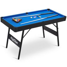 a blue pool table with two cues and balls on the top, in front of a white background