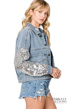 Talk about fashionista, our Brittney Sequins Detail Distressed Denim Jacket is ready to work hard to make you look & feel good! This cute denim jacket has sturdy non-stretch cotton construction that forms a collared neckline, two functional front pockets, and long sequined balloon sleeves with button cuffs. Trendy Embellished Medium Wash Denim Jacket, Spring Party Casual Denim Jacket, Denim Long Sleeve Outerwear With Sequins, Long Sleeve Denim Outerwear With Sequins, Denim Sequined Long Sleeve Outerwear, Denim Long Sleeve Jacket For Night Out, Casual Denim Outerwear With Sequins, Denim Outerwear For Fall Party, Trendy Spring Denim Jacket For Night Out