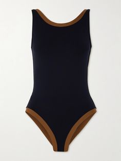 Eres's 'Sombrero' swimsuit is cut with a high neckline and a deep V-shaped back outlined by contrasting trims in a warm 'Caramelo' shade. It's been made in Italy from the brand's signature  peau douce  fabric that sculpts and supports the figure. Tie a patterned pareo at the waist when making your way to the beach. Two Tone Swimsuit, Fitted Beachwear Swimwear With Contrast Trim, High Neck Bathing Suit, Eres Swimsuit, 80s Swimsuit, Beautiful Swimsuit, Chanel Loafers, Mommy Outfits, Fashionably Late