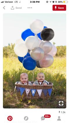 two babies are sitting in a basket with balloons on the ground and one baby is holding onto