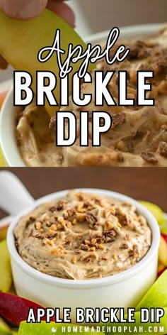 an apple and brown sugar dip in a white bowl with the words apple breckle dip above it