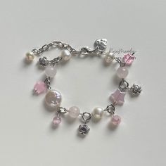 Pink And Silver Bracelet, Bead And Chain Bracelet, Chain Bead Bracelet, Silver Beaded Rose Quartz Bracelets, Pink Pearl Charm Bracelet, Pink Beads Bracelets, Pink Bracelets, Girly Bracelets, Pink Beaded Bracelets