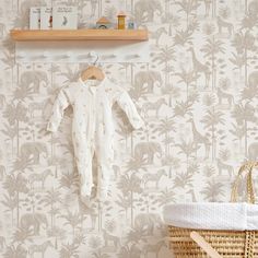 a baby's clothes hanging on a wall next to a basket and shelf with books