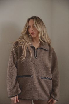 Explore the sherpa shacket for fall. The sherpa sweater is cozy and features a brown teddy shacket style. Teddy sweater, sherpa pullover, fleece shacket Cabin Outfit, Sherpa Shacket, Shacket Style, Fleece Shacket, Teddy Sweater, Sherpa Sweater, Favorite Leggings, Unique Clothes For Women, Sherpa Pullover