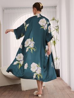 Green Anemone Bridal Party Robe | Luxury Long Robe For Lady | Kimono Style Dress - Ulivary Silk Floral Print Sleepwear For Spring, Silk Sleepwear With Floral Print For Spring, Elegant Spring Sleepwear With Kimono Sleeves, Elegant Sleepwear With Kimono Sleeves For Spring, Elegant Spring Kimono For Home, Elegant Floral Embroidered Summer Kimono, Elegant Summer Sleepwear With Floral Print, Silk Kimono With Floral Print For Loungewear, Spring Floral Print Elegant Kimono