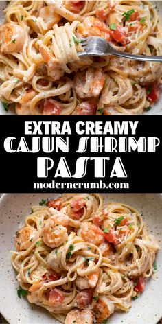 pasta with shrimp and tomato sauce in a white bowl on top of a wooden table