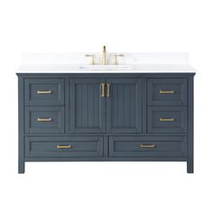 a bathroom vanity with two sinks and gold handles on the top, against a white background