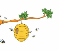 a beehive hanging from a tree branch with bees around it