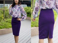 A B O U T: Private label boutique store.  Exclusively produced in very small quantity. Suitable for petite-sized women, with height below 163cm. D E T A I L S: Royal purple work skirt for a stylish, sophisticated look.   * High-waisted for longer leg look  * Faux front pockets.  * Pencil skirt fit.  * Concealed back zip.  * Comes with inner lining.  * Soft, breathable material with structural integrity.  * Colour suits all skin tones  * Suitable for petite and regular body frames  * Straight-cut Cheap Purple Pencil Skirt, Luxury Purple Dresses For Workwear, Luxury Office Skirt, Short Length, Luxury Office Skirt Short Length, Purple Work, Purple Office, Purple Pencil Skirt, Pencil Work, Long Outfit