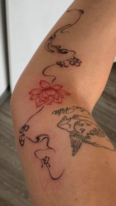 a woman's arm with different tattoos on it