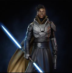 the star wars character is holding two lightsabes