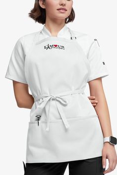 a woman wearing an apron with the word love on it