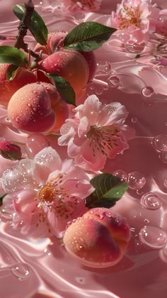 peaches and flowers floating in water on a pink surface with drops of water around them