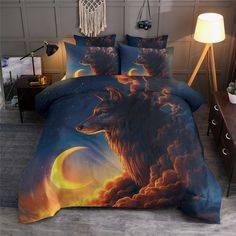 a bed with a wolf on it and clouds in the background