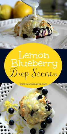 lemon blueberry drop scones on a white plate, with the title above it