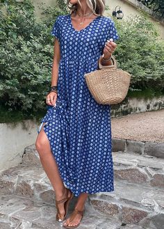 Blue Casual Shift Maxi Dress, Blue Shift Maxi Dress, Casual Blue Printed Maxi Dress, Casual Indigo Maxi Dress For Summer, Blue Shift Maxi Dress Midi Length, Blue Casual Short Sleeve Maxi Dress, Casual Indigo Beach Dress, Casual Blue Maxi Dress With Short Sleeves, Blue Printed Shift Dress