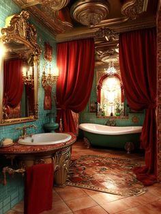 a fancy bathroom with red curtains and green tub