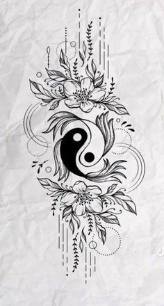 a black and white tattoo design with flowers on the bottom, yin symbol in the middle