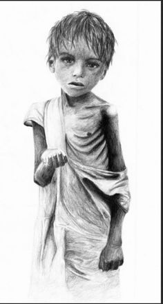 a black and white drawing of a young boy with a towel wrapped around his body