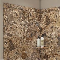 a bath room with a toilet and a shower head mounted to the side of a wall