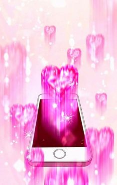 an image of a cell phone with pink hearts on the screen and sparkles in the background