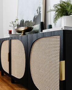 a black cabinet with gold accents and a potted plant next to it on top