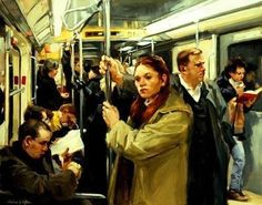 a painting of people on a subway train with one woman holding her hand up to the other