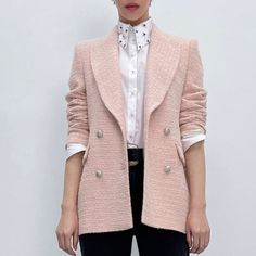 Brand New With Tags. Elegant Long Sleeve Tweed Jacket With Button Closure, Chic Fitted Tweed Jacket With Button Closure, Chic Fitted Tweed Jacket With Long Sleeves, Chic Fitted Tweed Jacket, Chic Fitted Long Sleeve Tweed Jacket, Elegant Long Sleeve Blazer For Spring, Elegant Long Sleeve Spring Blazer, Fitted Spring Tweed Jacket With Buttons, Elegant Pink Long Sleeve Tweed Jacket