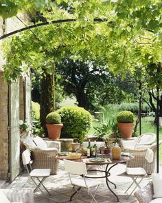 an outdoor dining area with chairs, tables and potted plants