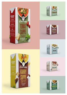 the packaging design for some kind of food product is shown in four different colors and sizes