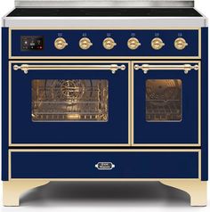 a blue oven with gold trimmings on the front and side doors, is shown