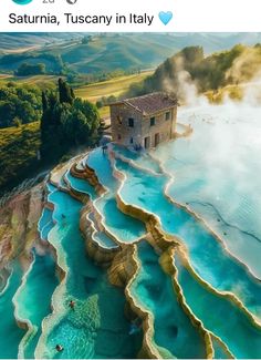 an aerial view of the blue lagoons in italy with text overlaying it