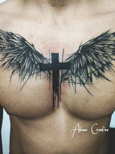 the chest is covered with black ink and has an angel wing tattoo on it's side