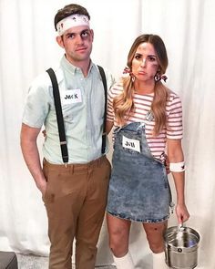 the man and woman are dressed up as they stand next to each other in overalls