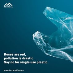 a plastic bag floating in the ocean with text reading roses are red, pollution is dramatic say no for single use plastic bags