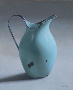 a painting of a blue vase on a gray background with black dots in the bottom