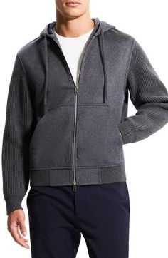 Styled like a baseball jacket, this wool-and-cashmere zip-up hoodie elevates your casual game with aplomb. Drawstring hood 90% wool, 10% cashmere Dry clean Made in Italy Wool Hoodie With Drawstring For Fall, Wool Hoodie With Ribbed Cuffs, Hooded Wool Outerwear With Ribbed Cuffs, Casual Wool Hoodie With Drawstring, Winter Wool Hoodie With Drawstring Hood, Casual Wool Hooded Jacket With Long Sleeves, Casual Wool Hooded Jacket For Fall, Wool Hoodie For Fall, Casual Wool Hoodie For Fall