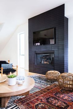 a living room filled with furniture and a fire place