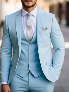 Sky Blue Men's Wedding Suits Solid Colored 3 Piece Daily Business Single Breasted Two-buttons 2024 2024 - $107.99 Wedding Suits Men Light Blue, Ice Blue Groom Suit, Light Color Suits For Men Wedding, Mens Wedding Suits Blue, Different Suits For Men, Turquoise Groom Suit, Pastel Wedding Groom Suit, Light Blue Suit Wedding Groom Attire, Sky Blue Groom Suit