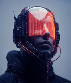 a man wearing a futuristic helmet with red light coming out of his face