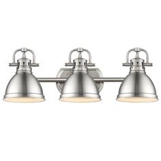 three light bathroom fixture with an adjustable arm and two lights on each side, in brushed steel