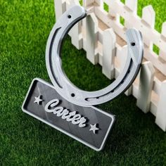 a close up of a metal object on the grass with a fence in the background