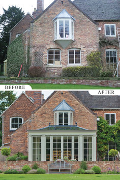 before and after shots of a brick house with white trim on the windows, in front of a green lawn