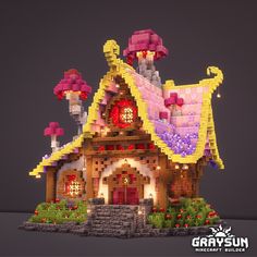 a house made out of legos with mushrooms on the roof and in the front