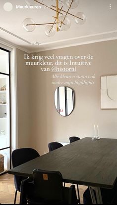 a dining room table with chairs and a quote on the wall above it that says, if king veer vraaen over de muurklen