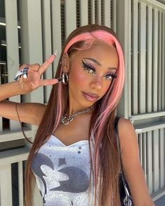 Straight Brown Hair With Light Pink Skunk Stripe Color Pre-plucked Natural Hairline 13x4 Lace Front Wig Pink Skunk Stripe, Brown Straight Hair, Skunk Stripe, Pink Wig, Ombre Wigs, Colored Wigs, Raw Hair, Straight Lace Front Wigs, Brown Wig