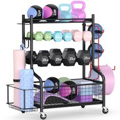 a rack with dumbs, exercise balls and yoga mats on it's wheels