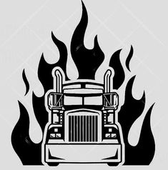 a black and white silhouette of a semi truck with flames on the side, against a gray background